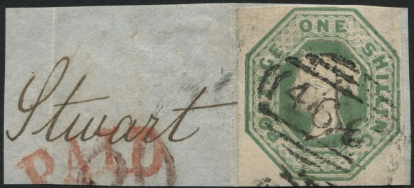 1847-54 1s Green cut square, 4 clear margins, tied to piece by 466 of Liverpool