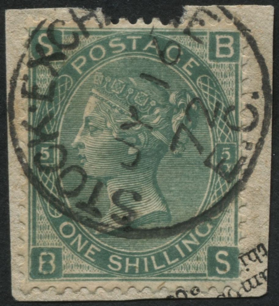 1867-80 1/- Green Pl.5 with letterings BS, impossible lettering Stock Exchange forgery