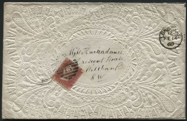 1868 latticed envelope franked SG43, St. Valentines envelopeHarradance 14.2.1868