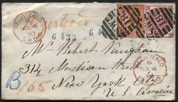 1870 envelope franked 4d Vermilion Pl.12 with 3d Rose Pl.5, registered post to New York