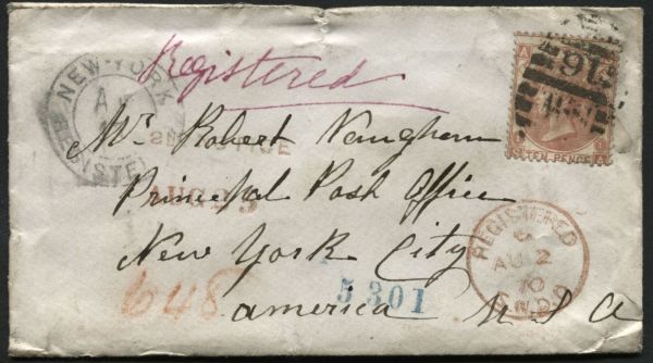 1870 envelope registered, London to New York PO, SG112 10d Red Brown with 9 transit markings