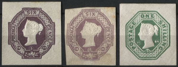 1885 cut from telegraph forms, 2 x 6d and 1 x 1/-