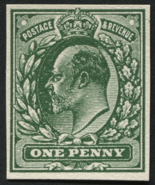 1905 1d Green plate proof, pale Green on White proof