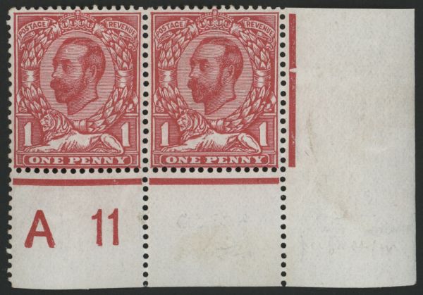 1911 1d Carmine Wmk crown Die 1B control, showing white spot on forehead variety, U/M