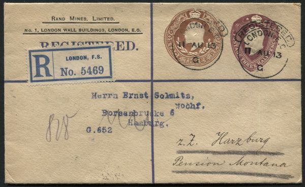 1913 registered envelope uprated 4d with Edward VII 1d and 3d embossed stamps