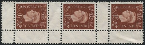 1944 WWII forgery of GB definitive produced in concentration camp, 1d Red Brown strip of 3, mint