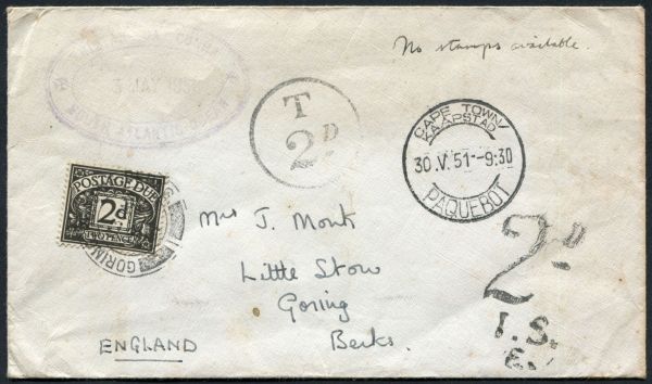 1951 stampless mail franked Twopence Tristan Da Chuna