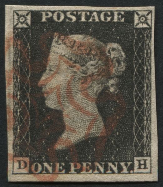 1d Black DH plate 2, very fine pale Red Maltese cross, good margins all round