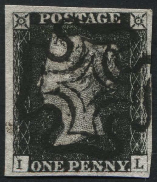 1d Black IL 4 margins plate 1B, fine Black Maltese cross