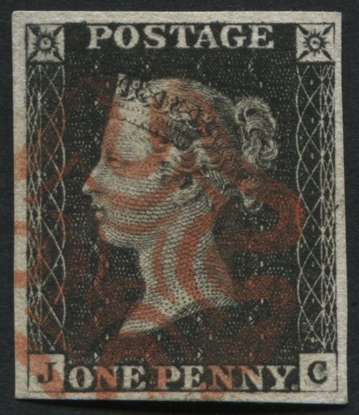 1d Black JC plate 1B, fine 4 margins