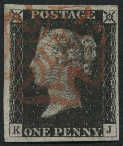 1d Black KJ 4 margins, fine Red Maltese cross