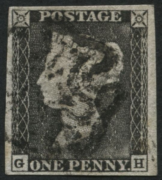 1d Black plate 1A GH, good to very fine, good to very large margins showing v fine scarce Black Maltese cross