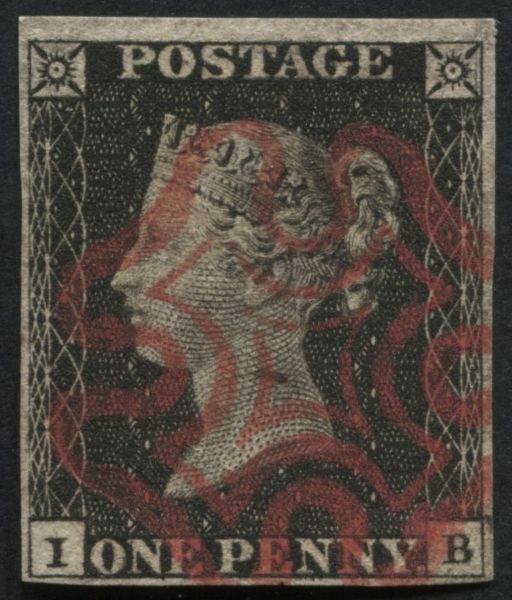 1d Black plate 2 IB, 4 margins fine Red Maltese cross