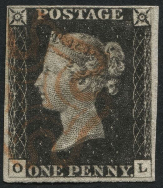 1d Black plate 2 OL, very light Red Maltese cross margins all round