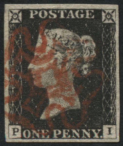 1d Black plate 2 PI, has 4 clear margins with Red Maltese cross