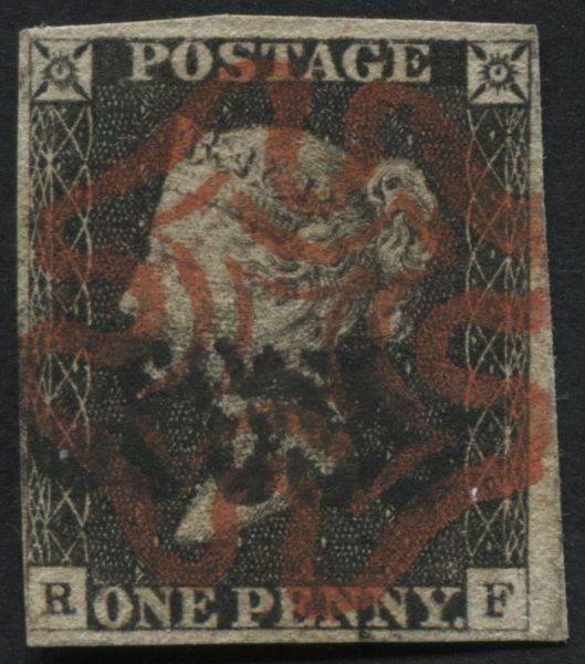 1d Black RF, 4 close margins with Red Maltese cross and part London town cancel in Black