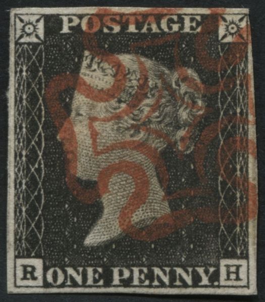 1d Grey Black RH plate 1A fine and scarce, fine 4 margins Red Maltese cross, with Brandon certificate