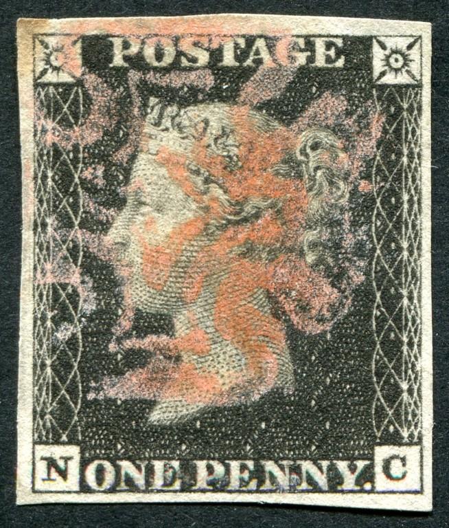 SG2 1d Black NC plate 7, 4 margins spectacular pale Rose Pink Maltese cross