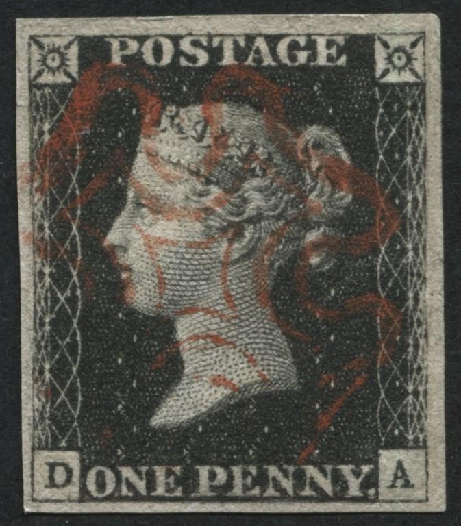 SG2 1d Black DA plate 4, lovely crisp Orange-Red Maltese cross, 4 large margins