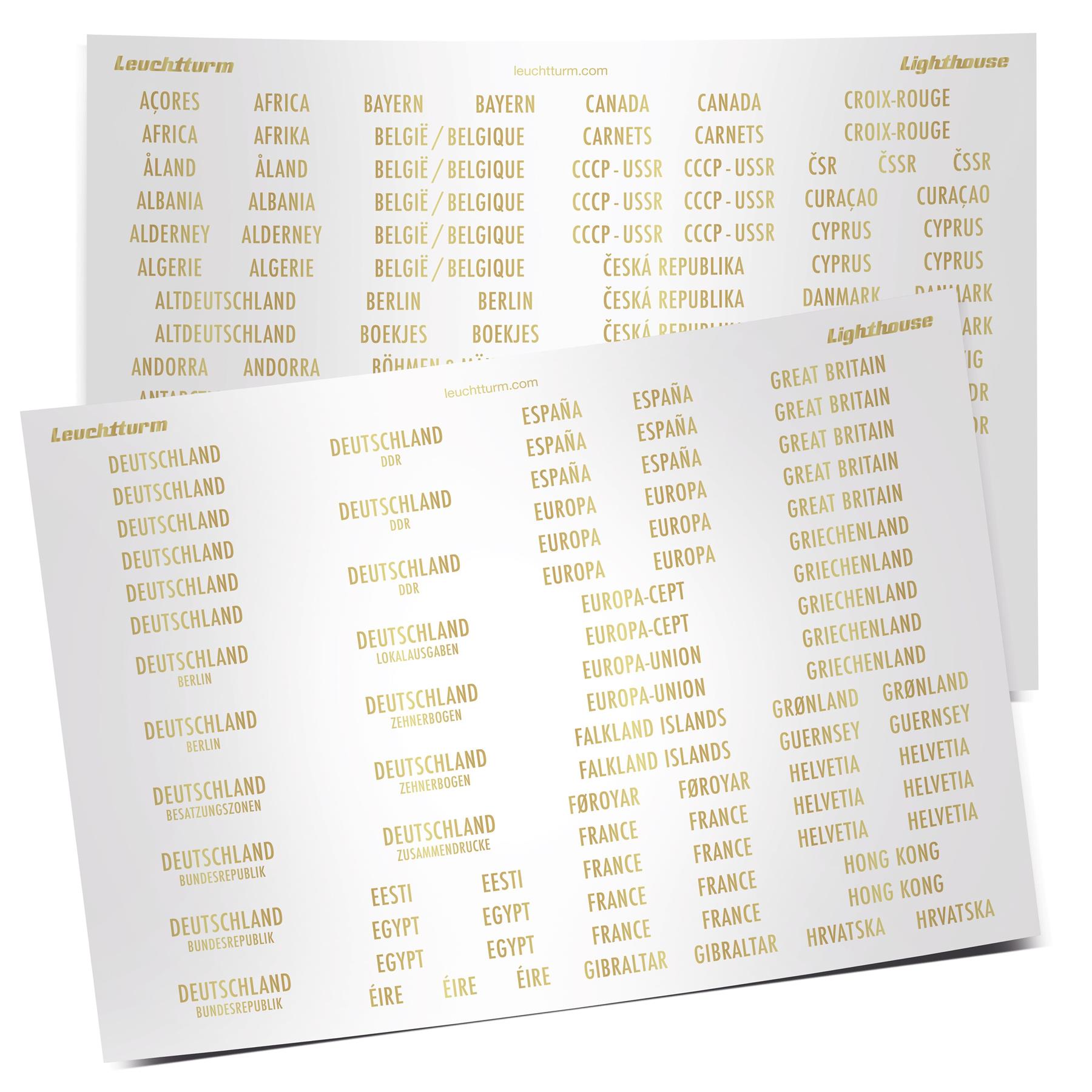 Country labels with gold lettering, including additional labels, 6 pages