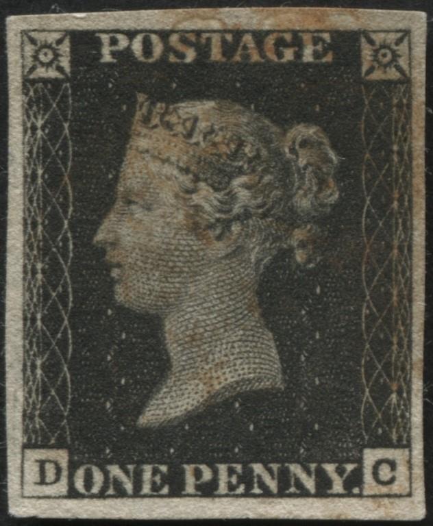 SG2 1d Black plate 1A fine impression, has 4 large margins and fine Red Maltese cross