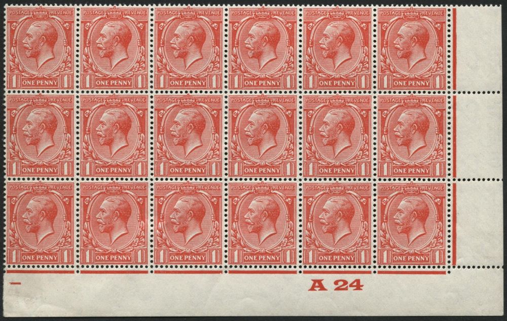 SG419 1924 1d Scarlet variety inverted watermark control A24, positional pane of 18 U/M - attractive