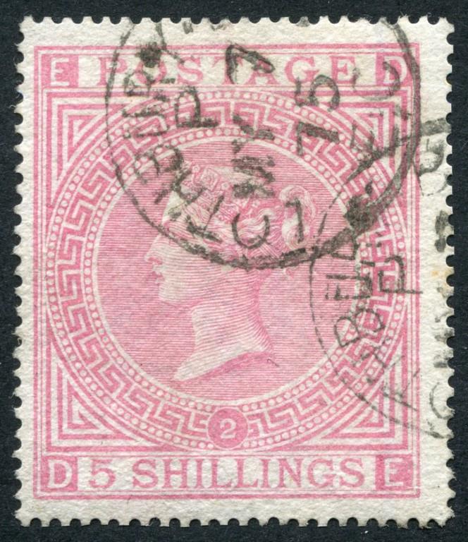 SG127 5/- pale Rose plate 2 VF/U, two crisp light Lothbury 1875 cds