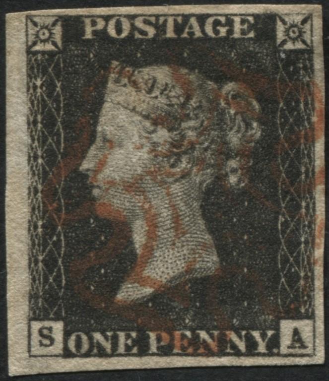 SG2 1d Black SA plate 1B F/U, 4 good to large margins cracking Red Maltese cross