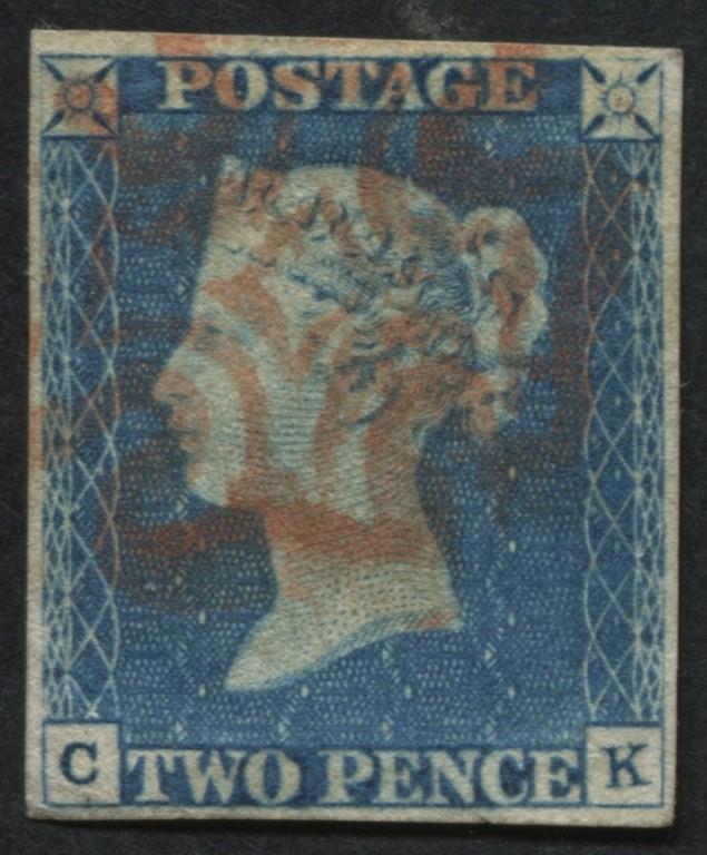 SG6 2d pale Blue CK 4 clear margins, with pale Orange-Red Maltese cross