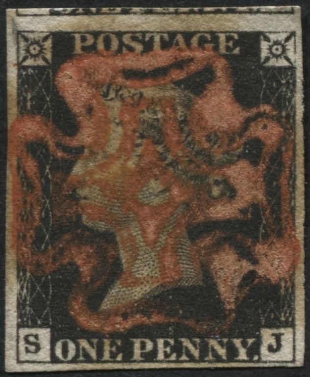 SG2 1d Black plate 4 with 4 good margins, has a most unusual Orange-Pink Maltese cross