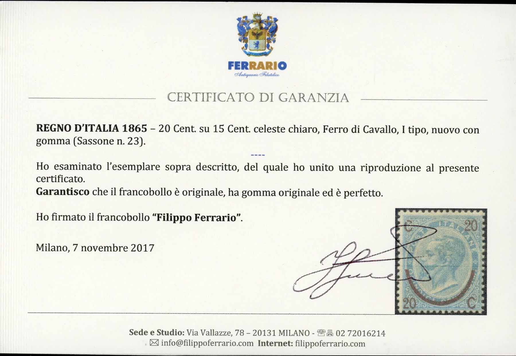 Italy 1865 SG.17 M/M with certificate