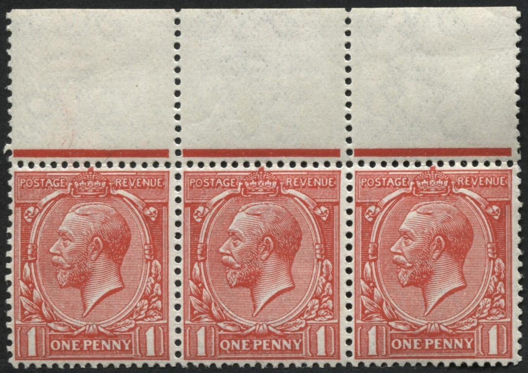 SG357a 1912 1d Scarlet variety (Q for O) in positional top marginal strip of 3