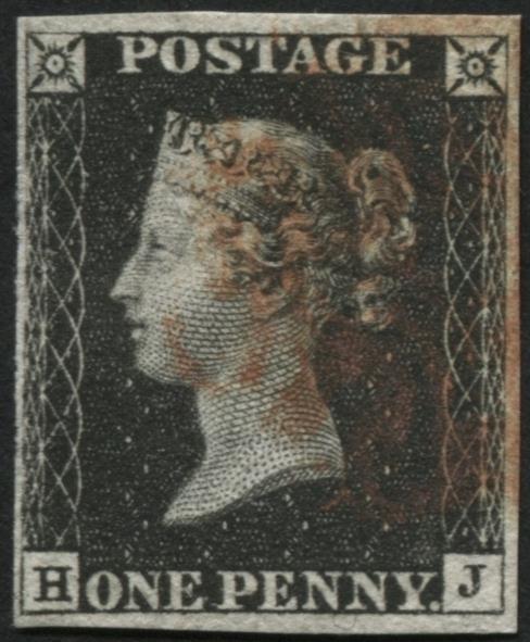 SG2 1d Black HJ plate 5, cancelled in bright Red clear of profile