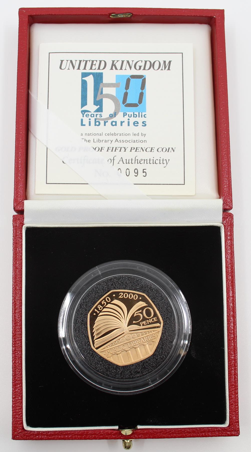 UK 2000 Gold Proof 50p Coin ''150 Years of Public Library''