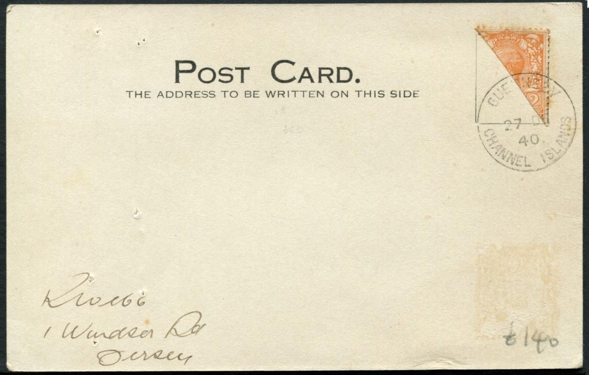 SG421var 2d Orange bisected and used on envelope, Guernsey 27.12.40