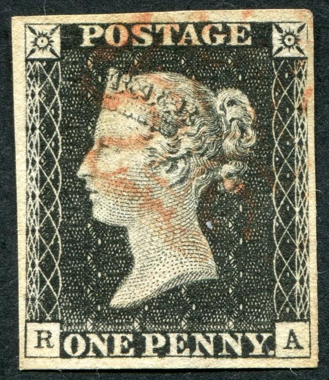 SG2 1d Black plate 1A RA with delightful pale Red Maltese cross, 4 good margins