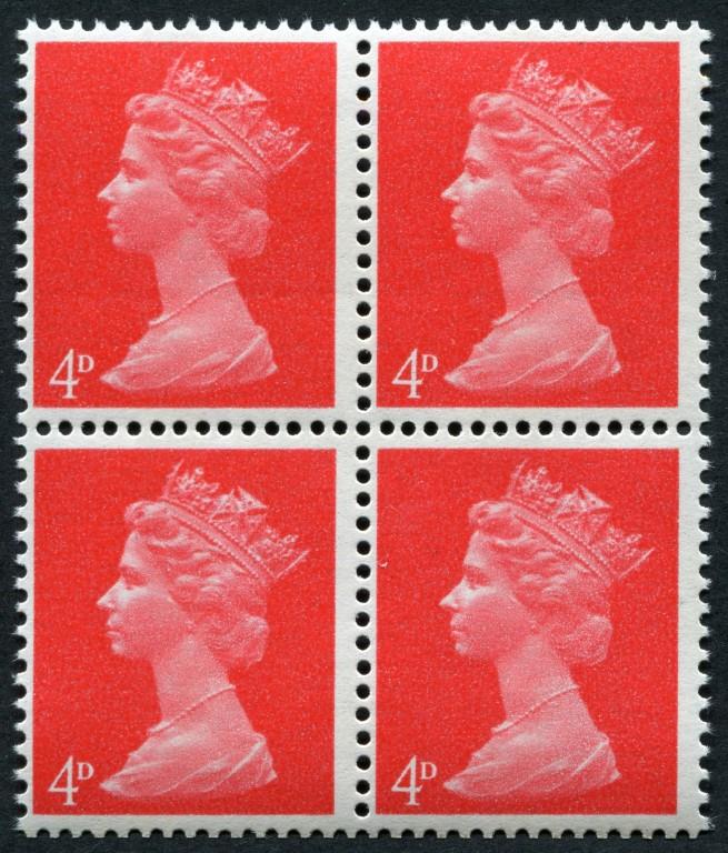 SG733b 1967-70 4d bright Vermilion uncoated paper block of 4, U/M