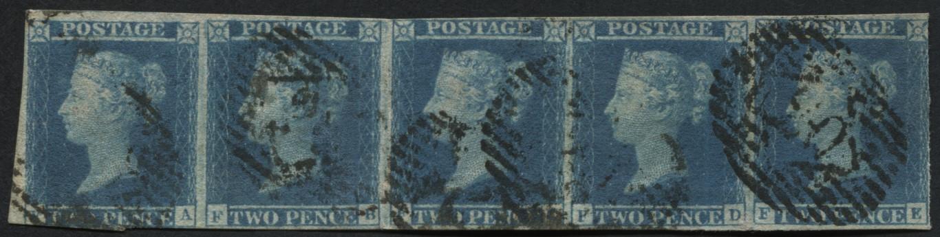 SG14 2d Blue plate 3 strip of 5 FA-FE, touched in one place only