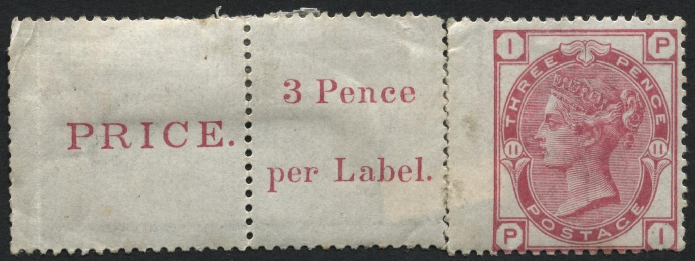 SG143 3d deep Rose with marginal inscriptions  PRICE 3 Pence per Label