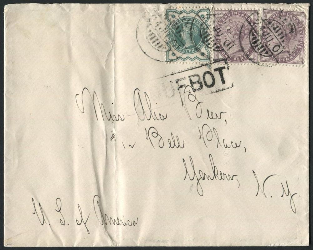 Aden 1901 (24 JU) envelope to USA, franked with GB 1881 1d Lilac 16 dots (2) & 1900  Blue-Green