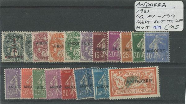 Andorra 1931 SG.F1-F19 Short Set to 2F Mint M/M