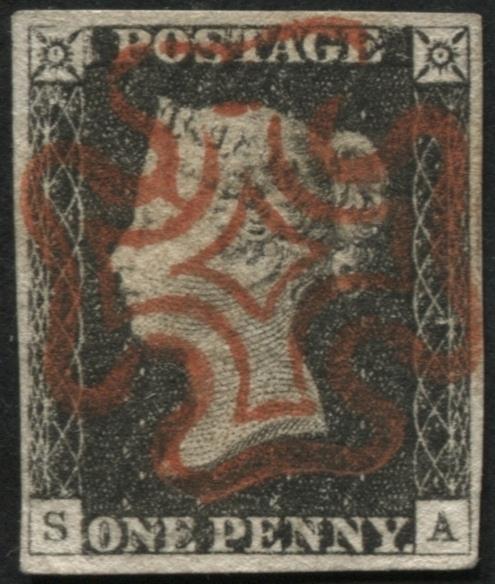 SG2 1d Black plate 3 SA, bearing a full Orange-Red Maltese cross in centre of stamp