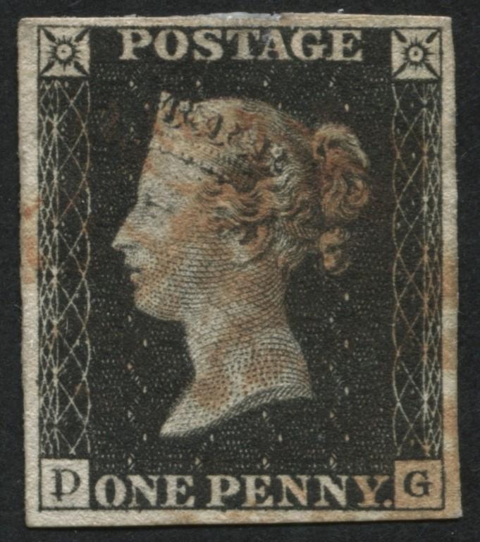 SG2 1d Black DG D has large doubled letter variety, pale Rose Maltese cross