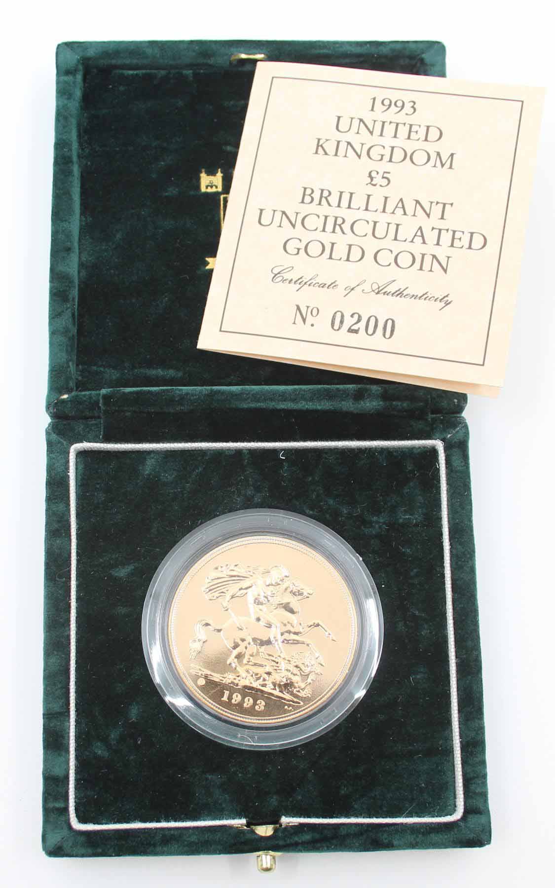 UK 1993 Brilliant Uncirculated 5 Gold Coin St. George 'U'