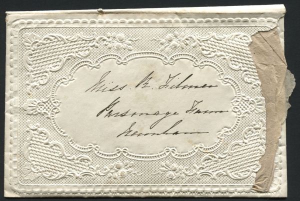 Circa 1870 Victorian lattice card for Birthday, inscribed souvenir in Silver and Gold