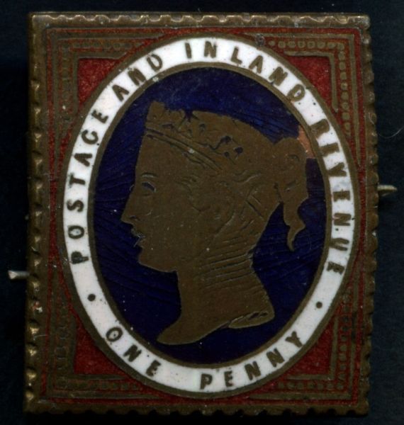 Circa 1882, an enamel One Penny jacket brooch in Blue, Gold and Red, stamp size