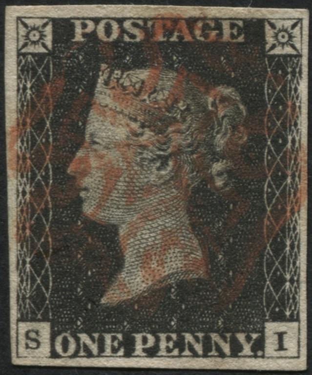 SG2 1d Black SI 4 good margins, lovely Rose-Red Maltese cross