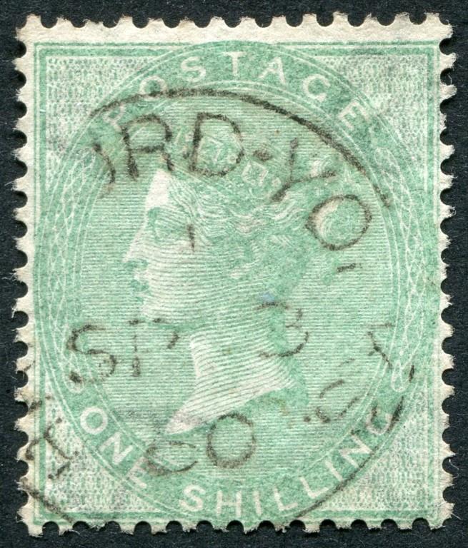 SG73 1855 1/- pale Green, VF/U with CDS dated SP3/60