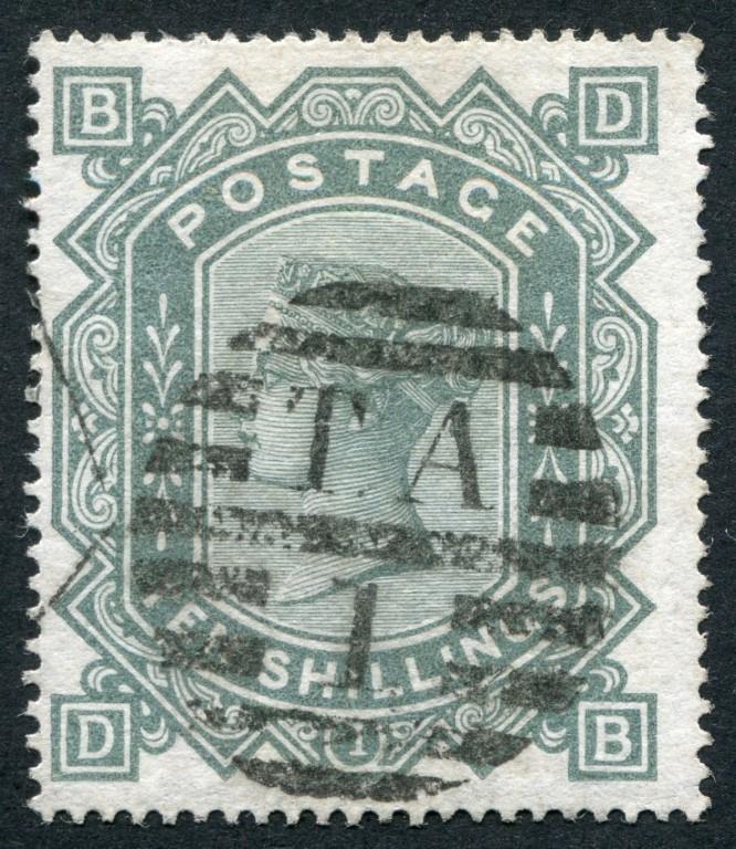 SG128 1867-78 10s Greenish-Grey DB, F/U with TA/1 barred oval