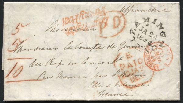 Entire from Leamington to France 1846, Leamington Penny Post, PD in Orange-Red, Boulogne circle